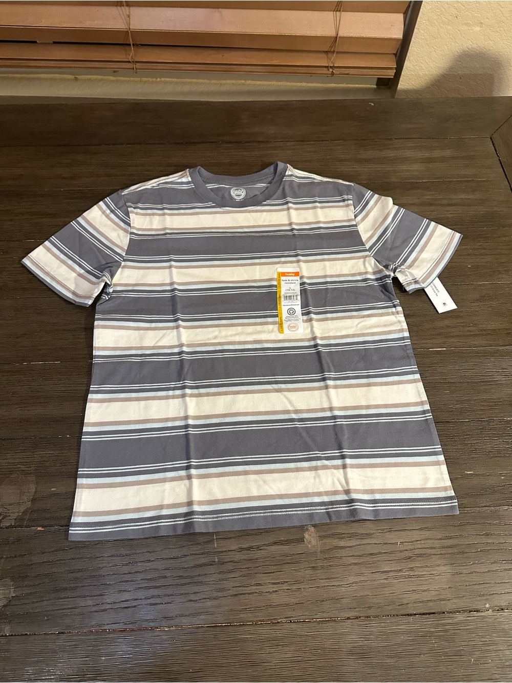New Boys 10/12 HUSKY Short Sleeve Striped Tee - Gray,Tan & White